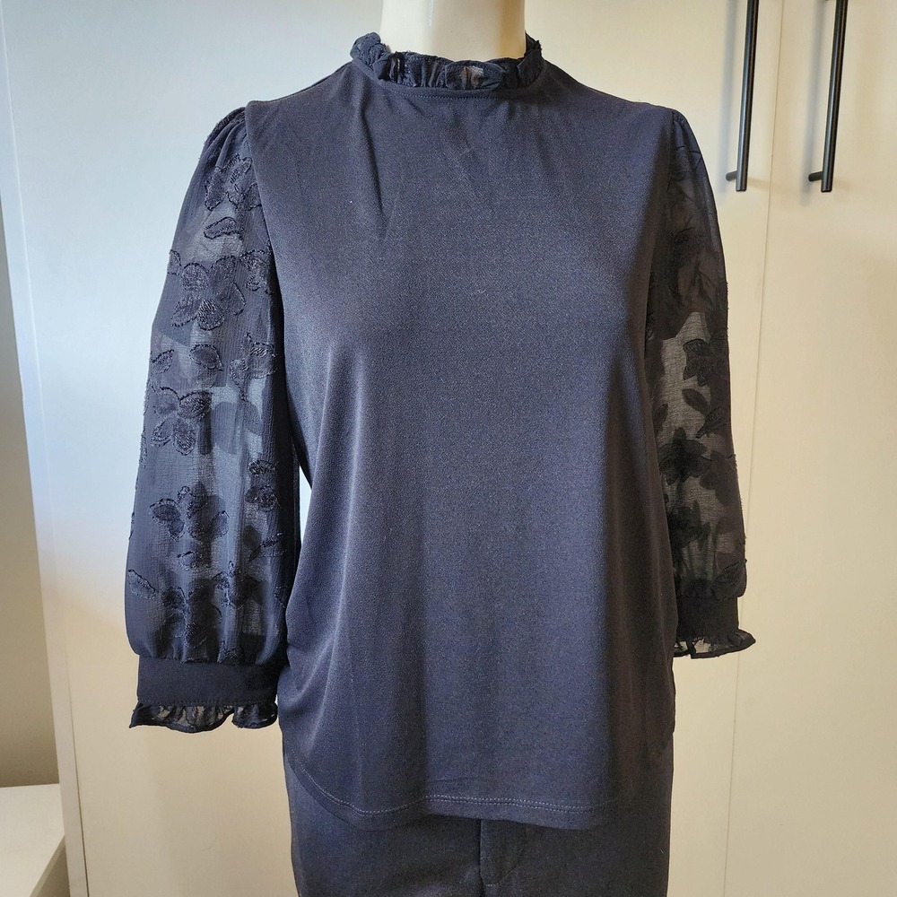 Cece Black Mixed Media Blouse Sheer 3/4 Puff Sleve Pullover High Neck Ruffle Top